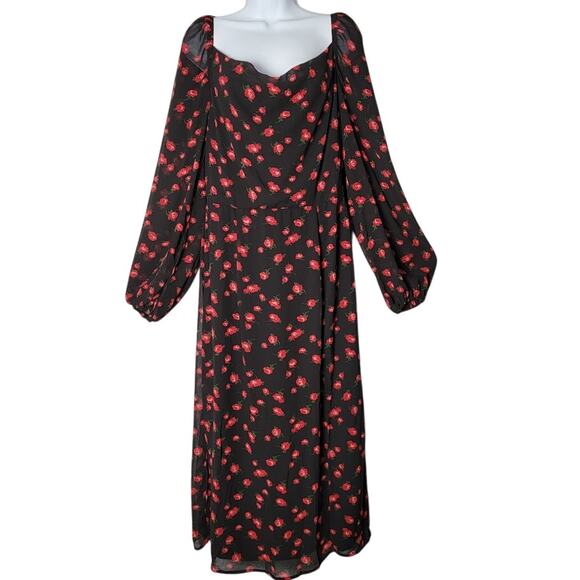 Missguided NWT Black Rose Midi Dress US 8 Whimsygoth Romantic Boho Floral - Picture 1 of 10